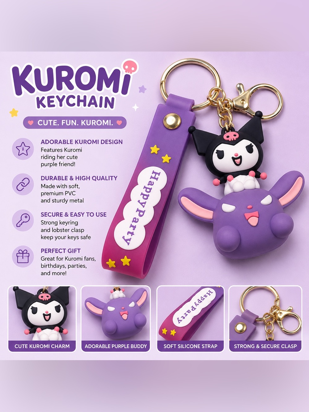 Kuromi Purple Cute Character Keychain with Pink Strap